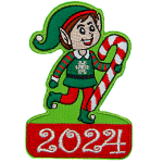 An adorable elf carrying a candy cane above the date 2024.