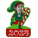 An adorable elf carrying a candy cane above the date 2024.