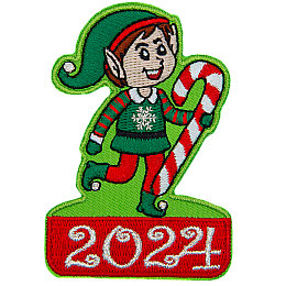 An adorable elf carrying a candy cane above the date 2024.