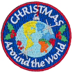 The words Christmas Around The World surround a Christmas ornament decorated like Earth.