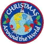 The words Christmas Around The World surround a Christmas ornament decorated like Earth.