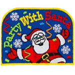 Santa, with his arms, spread wide, is surrounded by confetti. The words Party With Santa are in an arc above him.
