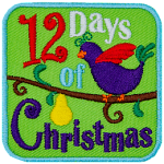 The number 12 is next to the words Days Of Christmas surrounding a partridge in a pear tree.