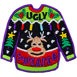 An ugly Christmas sweater with a reindeer face on it and the words Ugly Sweater stitched into the top and bottom.
