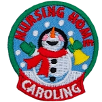 A snowperson raises their hands in glee in a snowglobe-shaped patch. the words Nursing Home Caroling are stitched around the globe.