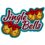 The word Jingle Bells has a set of yellow ball bells with a red ribbon to the top right and bottom left.