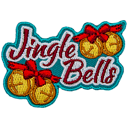 The word Jingle Bells has a set of yellow ball bells with a red ribbon to the top right and bottom left.