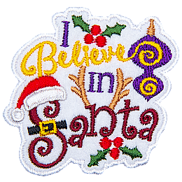 The words I believe in Santa are surrounded by Christmas costumes, such as a Santa hat and reindeer antlers.