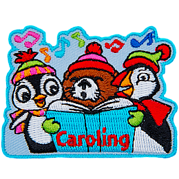 A penguin, a puffin and a beaver sing from a book in front of them. The word Caroling is at the bottom.