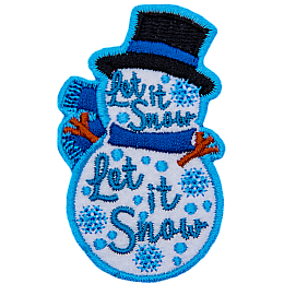 A snowperson wearing a top hat and a scarf. The words Let It Snow Let It Snow are stitched across the body.