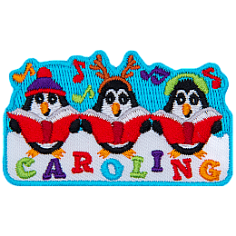 Three penguins dressed in different hats sing carols with Caroling stitched below them.