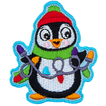 A happy penguin is wearing a toque, and scarf, holding a string of Christmas lights in his flippers.