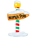 A green, white and red striped pole, holding up a sign pointing right that reads North Pole.