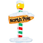 A green, white and red striped pole, holding up a sign pointing right that reads North Pole.