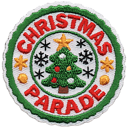 The words Christmas Parade around a decorated Christmas tree.