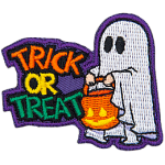 A ghost holds a jack-o-lantern treat basket next to the words Trick Or Treat.