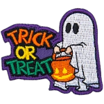 A ghost holds a jack-o-lantern treat basket next to the words Trick Or Treat.