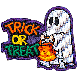 A ghost holds a jack-o-lantern treat basket next to the words Trick Or Treat.