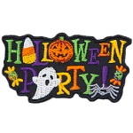 The words Halloween party with a ghost, pumpkin and candy corn replacing some of the letters.