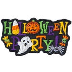 The words Halloween party with a ghost, pumpkin and candy corn replacing some of the letters.