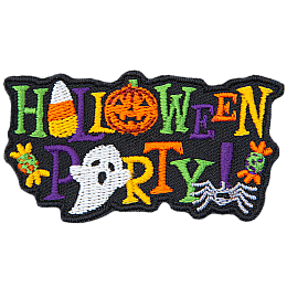 The words Halloween party with a ghost, pumpkin and candy corn replacing some of the letters.