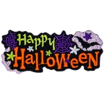 The words Happy Halloween is surrounded by cobwebs and bats.