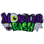 The words Monster Bash are stacked on top of each other, surrounded by spider webs and a bat. The O in monster is an eyeball.