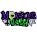 The words Monster Bash are stacked on top of each other, surrounded by spider webs and a bat. The O in monster is an eyeball.
