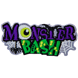 The words Monster Bash are stacked on top of each other, surrounded by spider webs and a bat. The O in monster is an eyeball.