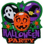 Three balloons sit over the words Halloween Party. From left to right, the balloons have pictures of a ghost, a pumpkin, and a witch's hat.