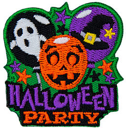 Three balloons sit over the words Halloween Party. From left to right, the balloons have pictures of a ghost, a pumpkin, and a witch's hat.