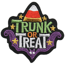 A piece of candy corn and the words Trunk or Treat.