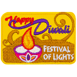 This rectangular yellow patch has the words Happy Diwali at the top and Festival of Lights at the bottom, next to a candle with a round base.