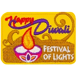 This rectangular yellow patch has the words Happy Diwali at the top and Festival of Lights at the bottom, next to a candle with a round base.