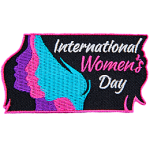 This rectangular patch shows the side profile of three women in a row. In their hair rests the words International Women's Day.