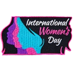 This rectangular patch shows the side profile of three women in a row. In their hair rests the words International Women's Day.