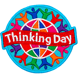 A colourful globe is circled by rainbow-coloured people holding hands. A banner that says Thinking Day is across the middle.