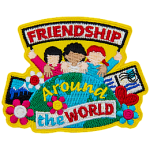 Three people stand side by side, holding a banner that says Friendship. Below them is a globe with the words Around the World on it. 