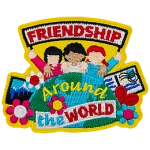Three people stand side by side, holding a banner that says Friendship. Below them is a globe with the words Around the World on it. 