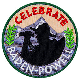 The words Celebrate Baden-Powell are around a silhouette of an explorer and a mountain range.
