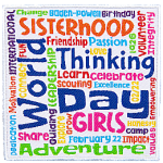 This square patch is filled with words going in every direction. The most prominent say World Thinking Day, Sisterhood, Girls, and Adventure.