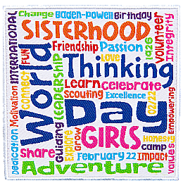 This square patch is filled with words going in every direction. The most prominent say World Thinking Day, Sisterhood, Girls, and Adventure.