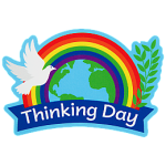 A rainbow encases the globe with a dove, the words underneath read World Thinking Day.