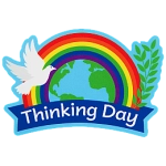 A rainbow encases the globe with a dove, the words underneath read World Thinking Day.