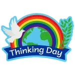 A rainbow encases the globe with a dove, the words underneath read World Thinking Day.