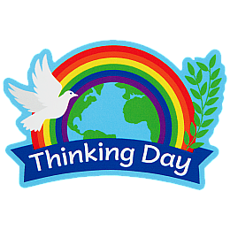 A rainbow encases the globe with a dove, the words underneath read World Thinking Day.