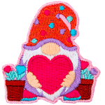 A gnome holds a big heart, and potted heart flowers stand to either side of him.