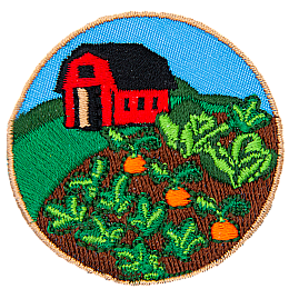 A red barn is behind a patch of vegetables and in front of a blue sky.