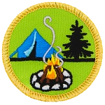 A blue tent beside a conifer in front of a burning fire. All on a light green background.