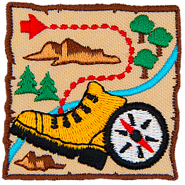 A map with a dotted path, a hiking boot and a compass.